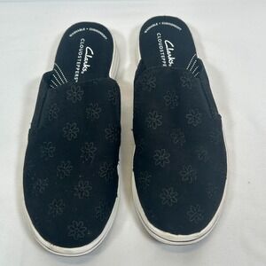 Clarks Cloudsteppers Black Floral Slip On Mules Slide Comfort Walking Shoe Sz 7